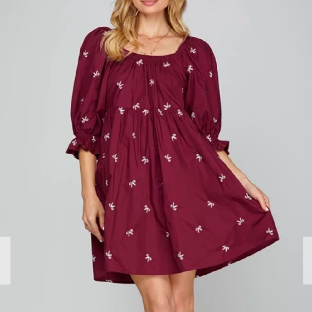 She + Sky- 3/4 SLEEVE BOW EMBROIDERY WOVEN TIERED DRESS WITH POCKETS